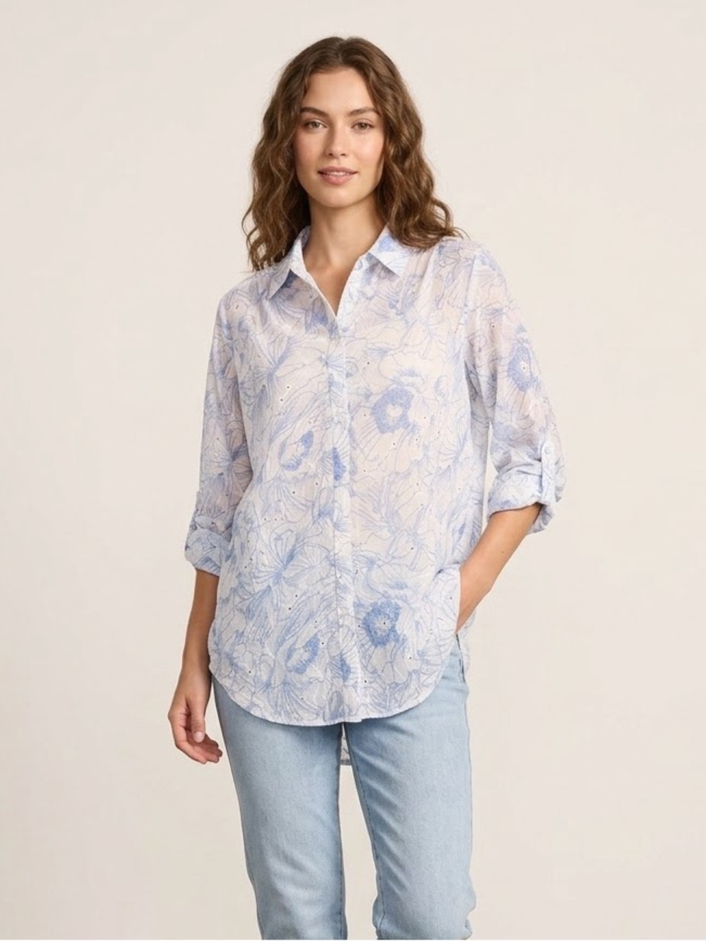ADIVA Women Large Blue White Floral Eyelet Embroidered Sheer Button Up Shirt Top